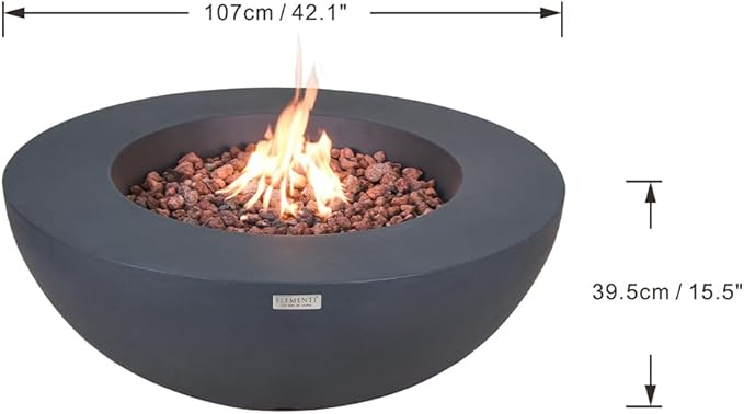 Elementi Lunar Bowl Dark Grey Fire Pit Bundle Includes 42” Propane Concrete Firepit, Glass Windscreen, Stainless Steel Cover, Tank Cover, Canvas Cover, Floor Mat, Hammock, Beverage Tub