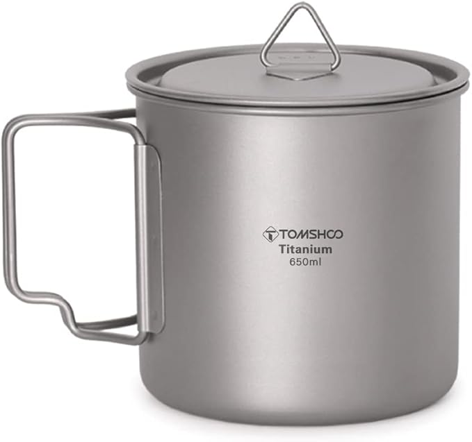 TOMSHOO Titanium Mug 650ml/22 oz Camping Pot with Lid - Foldable Handle Coffee Cup for Hiking, Travelling, Backpacking, Open Fire