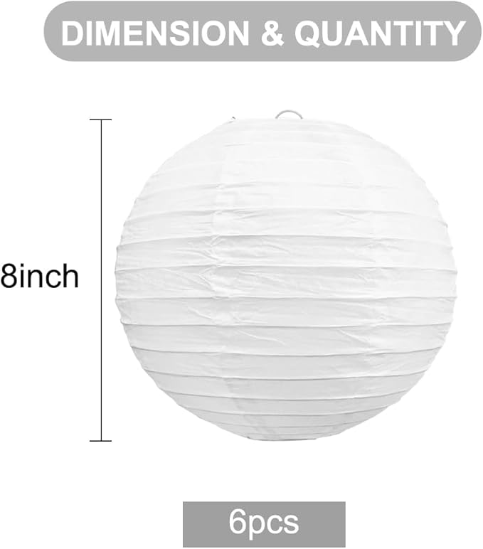 BEISHIDA 8-Inch White Paper Lanterns Decorative Chinese/Japanese Hanging Round Paper Lanterns Lamp for Birthday, Wedding, Christmas, Bridal, Home Decor, Party Decoration (6 Packs)