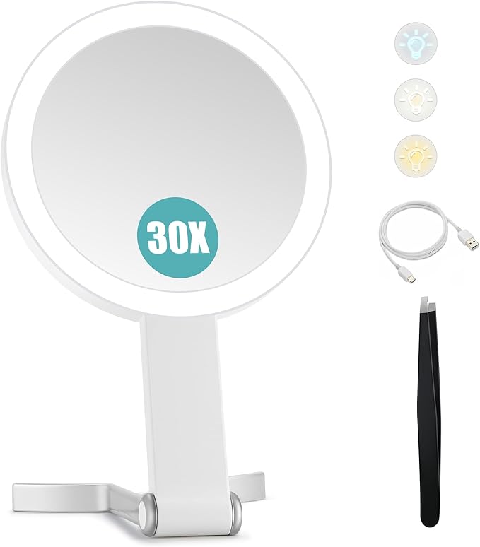 B Beauty Planet 30x/1x Magnifying Travel Mirror with Light, Double-Sided Rechargeable Adjustable Brightness 3 Colour Lighting, Folding, Handheld/Hangable/Tabletop, 3 Ways Using Mirror, White