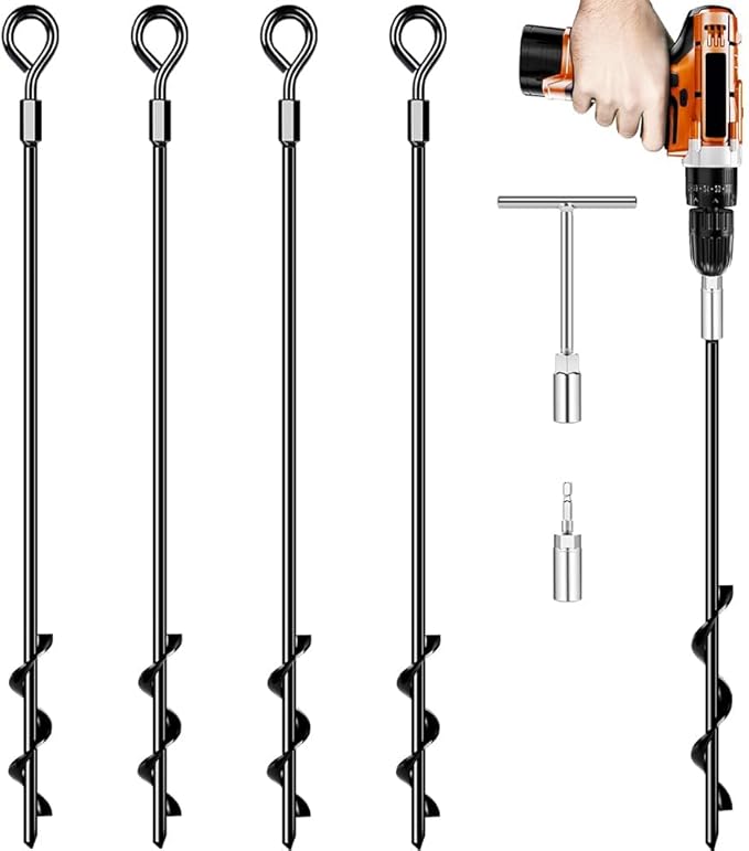 Ground Anchors 26“ Screw in Heavy Duty Ground Anchors,Tent Stakes for Camping Tent, Trampoline, Canopies, Carports, Sheds, Swing Sets, Black Anti-Rust Coating for High Wind (4 x 26“)