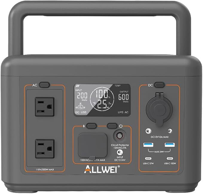 ALLWEI Portable Power Station 500W, 512Wh LiFePO4 Battery, UPS Function, 2.5Hrs Fast Charge, 2 AC Outlets(Surge 1000W), Solar Generator for Outdoor Camping RV CPAP Home Emergency