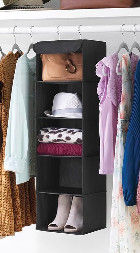 Whitmor 5 Section Closet Organizer - Hanging Shelves with Sturdy Metal Frame, Black