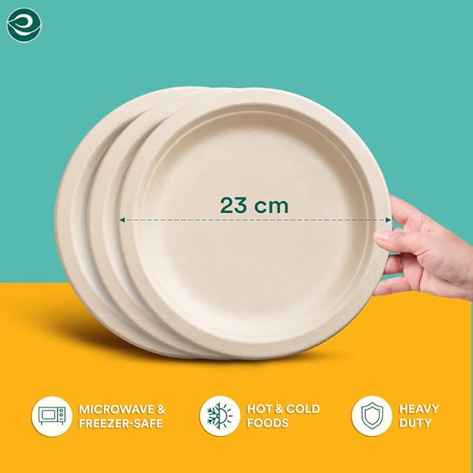 ECO SOUL 100% Compostable 9 Inch Paper Plates 200 [2x100 Pc] Disposable Party Plates I Heavy Duty Eco-Friendly Sturdy Dinner, Wedding, Event Plates I Biodegradable