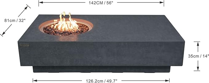Elementi | Metropolis Gas Fire Pit Cast Concrete 56" Rectangular Fire Table, Outdoor Fire Pit Electronic Ignition | Canvas Cover, Lava Rock Included | Dark Gray (Propane Gas)