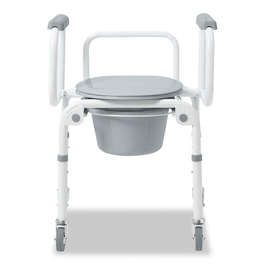 Medline Drop Arm Commode with Wheels, Swing Arm Rest for Easy Transfer, Padded Seat, Contains Chair, Pail, Lid, and Splash Guard, 250lb. Weight Capacity