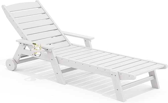 SERWALL Patio Chaise Lounge Chair, 78'' Long HDPE Outdoor Lounge Chair 5 Positions Adjustable Outdoor Lounger, Poly Lounge Chair with Rolling Wheels & Cup Holder for Pool, Light White