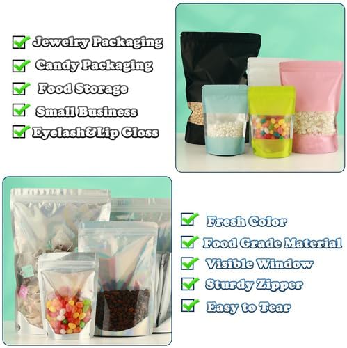 200 Pcs Mylar Bags for Food Storage 7x10 Mylar Bag with Window, Foil Stand Up Resealable Bags for Food, Smell Proof Bag Freeze Dried Candy Packaging Sealable Pouch Jewelry Bracelet Pouch