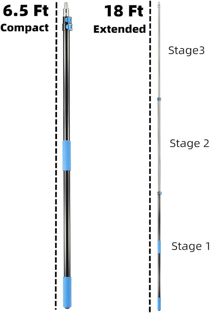 25 Foot High Ceiling Fan Duster with 6-18 Foot Extension Pole, Extendable Reusable Cobweb, Feather, Window Cleaning Squeegee Kit