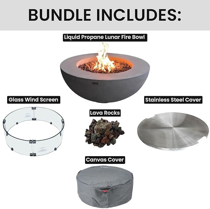 Elementi Lunar Bowl Fire Pit Bundle Outdoor Firepit Set Includes 42” Propane Concrete Firepit Bowl, Glass Windscreen, Stainless Steel Cover, Canvas Cover, Lava Rocks