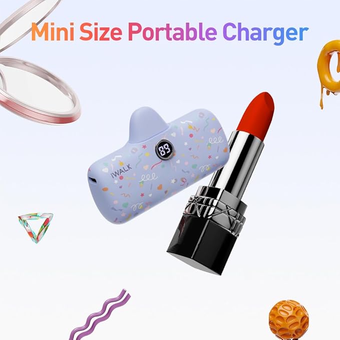 iWALK USB-C Portable Charger with Colorful Pattern, 20W PD Fast Charging 4800mAh Small Power Bank with LED Display, Compatible with iPhone 16/15, 16/15 Plus, 16/15 Pro Max, iPad, Airpods, Purple