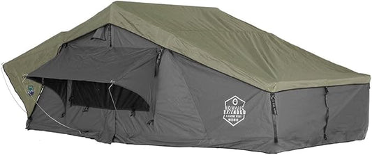 Overland Vehicle Systems HD Nomadic 3 Extended Soft Shell Roof Top Tent - Dark Gray Base with Green Rain Fly & Black 1000G PVC Travel Cover - Black Aluminum Base