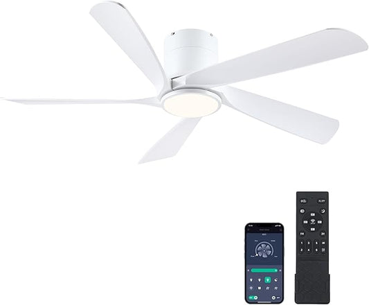 54" Flush Mount Ceiling Fan - White Low Profile Ceiling Fans with Lights and Remote/APP, 6 Speeds and Reversible 5 Fan Blades, Indoor Modern Ceiling Fan LED Light for Bedroom, Living Room
