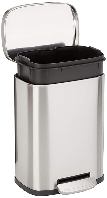 Amazon Basics Smudge Resistant Mini Rectangular Trash Can With Soft-Close Foot Pedal, Brushed Stainless Steel, for Bathroom & small space, 5 L /1.32 Gal, Satin Nickel Finish, 7.3x8.5 x11.8 in (LxWxH)