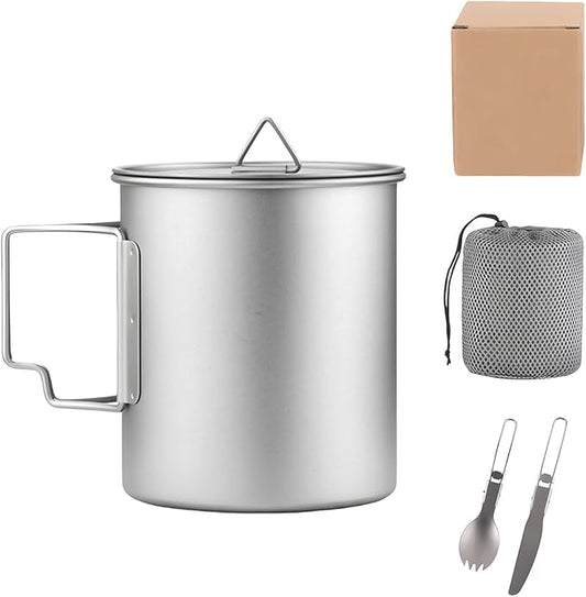 Titanium Camping Cookware 750ML Titanium Pot Kits with Camping Stove and Spork Portable Pot for Backpacking Hiking Traveling and Picnic