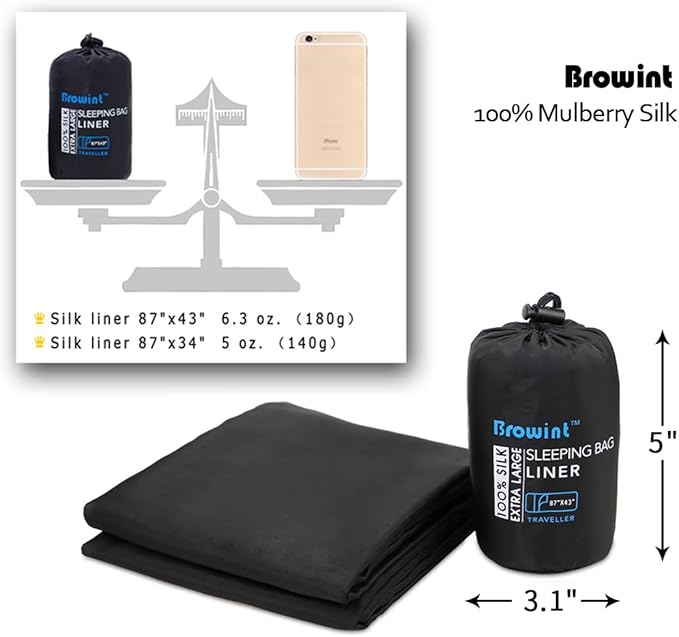 BROWINT Silk Sleeping Bag Liner, Silk Sleep Sack, Extra Wide 87"x43", Lightweight Travel Sheet for Hotels, More Colors for Option, Reinforced Gussets