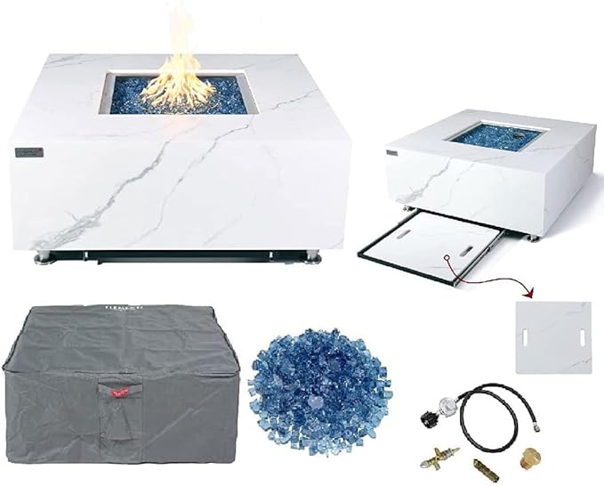 Elementi+ | Bianco Gas Fire Pit | Marble Porcelain & Metal Frame | 40" Square Fire Table | Electronic Ignition | Canvas Cover, Fire Glass & Burner Lid Included | White | Natural Gas