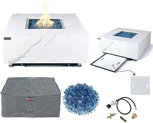 Elementi+ | Bianco Gas Fire Pit | Marble Porcelain & Metal Frame | 40" Square Fire Table | Electronic Ignition | Canvas Cover, Fire Glass & Burner Lid Included | White | Natural Gas