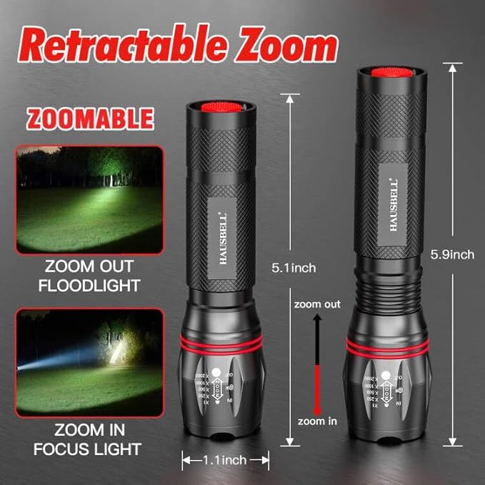 HAUSBELL T8 Upgraded Flashlight Bright, Zoomable Tactical LED Flashlights Flash Light with High Lumens and Five Modes and Camping Accessories, 2 Pack