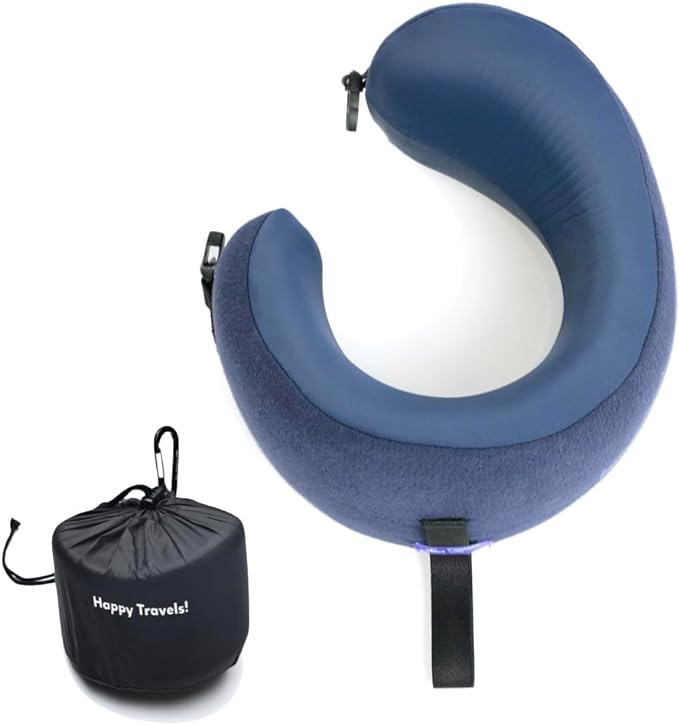 C CUSHION LAB Travel Pillow, Award-Winning Patented Ergonomic Design for Chin & Neck Support Memory Foam Neck Pillow, Compact Airplane Pillow for Traveling, Flight, Car (Navy, Medium)