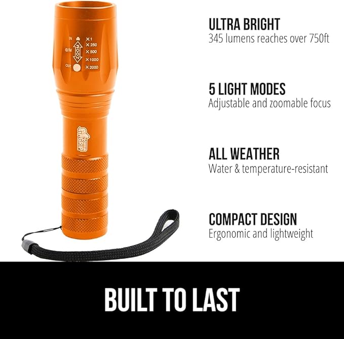 GORILLA GRIP Powerful LED Tactical Flashlight, 750 FT High Lumens 5 Adjustable Modes, Water Resistant, Ultra Bright Zoom Flashlights, Small Mini Flash Light, Camping, Night Dog Walking, Orange