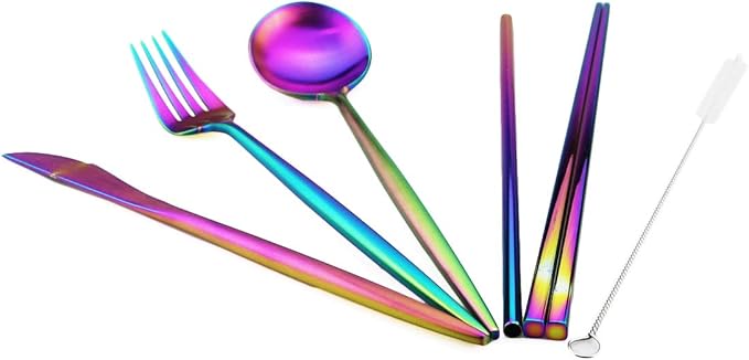 Gugrida Reusable Travel Utensils, 7 Piece Portable 304 Stainless Steel including Knife Fork Spoon Chopsticks Cleaning Brush Straws Portable Pouch, Eco-friendly Camping Silverware Set, Dishwasher Safe