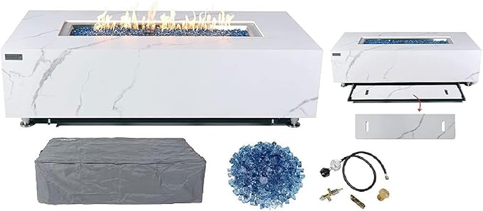 Elementi+ | Carrara Gas Fire Pit | Marble Porcelain & Metal Frame | 60" Rectangular Fire Table | Electronic Ignition | Canvas Cover, Fire Glass & Burner Lid Included | White | Propane Gas