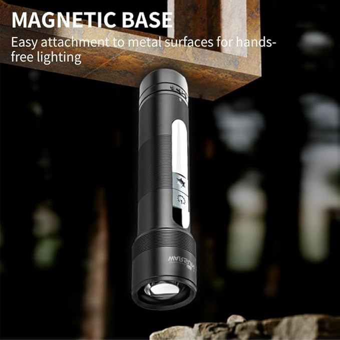 WARSUN Compact Magnetic Flashlight – 1200 Lumens Rechargeable LED Torch, Zoomable Small Flashlight with COB Side Light & Battery Indicator, for Emergency & Outdoor Use