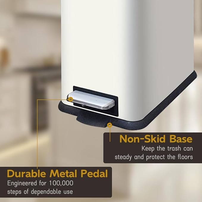 Bathroom Trash Can, 2.6 Gallon Trash Can with Lid, Stainless Steel Pedal Trash Bin with Removable Liner for Bathroom, Bedroom, Kitchen, Office,10 Liter White Garbage Can