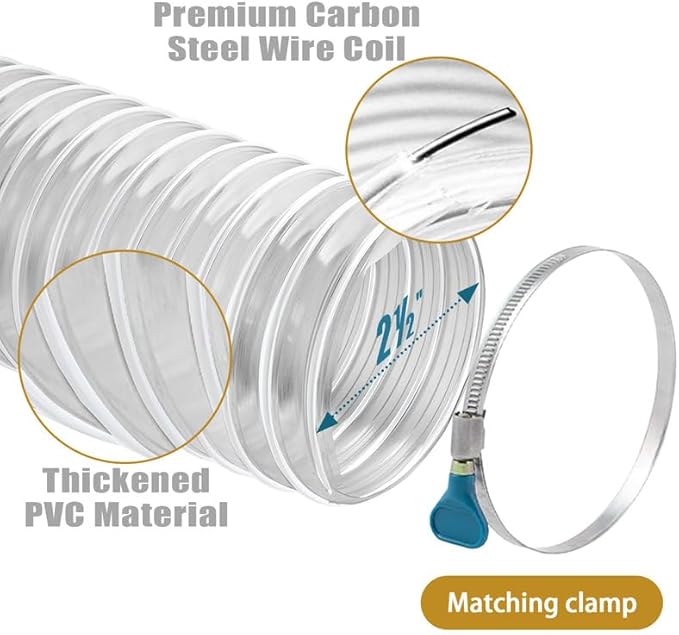2 1/2" x 20' Dust Collection Hose - Puncture Resistant PVC With Carbon Steel Wire Coil - Flexible Clear Fume Hose for Collectors