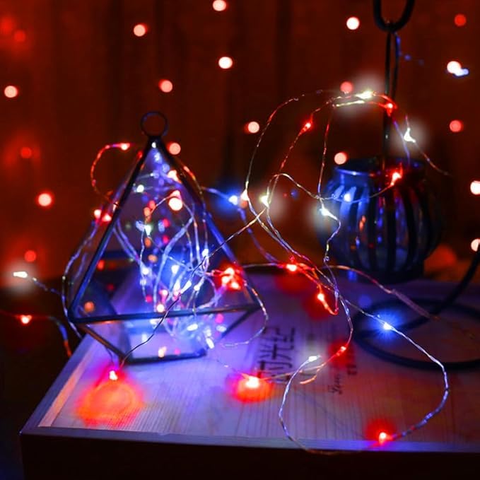 4th of July Decorations, 4-Pack Red White and Blue Fairy Lights Battery Operated with Timer, Waterproof 16FT 50 LED Starry String Lights Indoor Outdoor for Independence Day Memorial Day DIY Home Decor