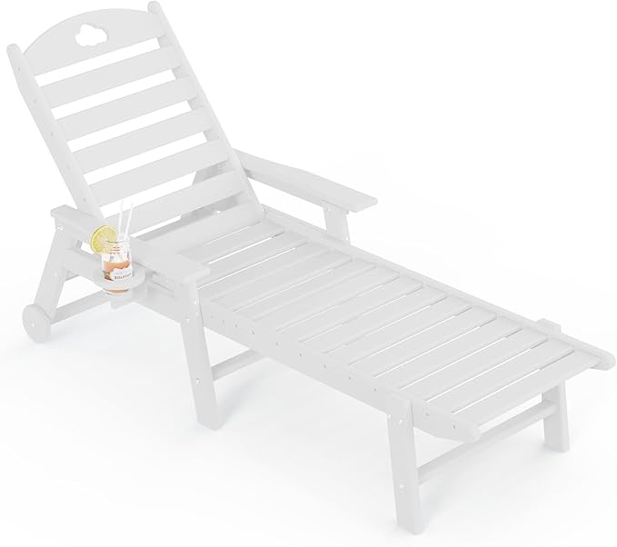 Outdoor Lounge Chair with Cup Holder, Outdoor Chaise Lounge with 6-Position Adjustable Backrest, HDPE Lounge Chair for Poolside, Patio, Deck & Backyard, Chaise Lounge with Wheels (White, 1)