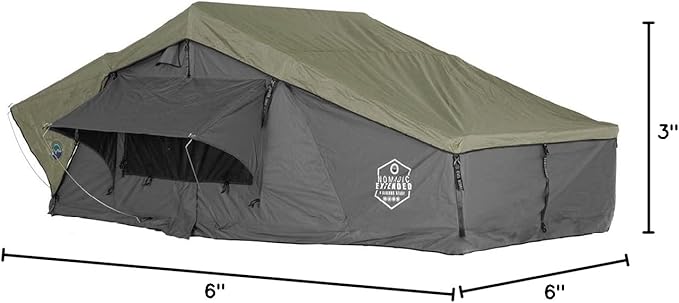 Overland Vehicle Systems HD Nomadic 3 Extended Soft Shell Roof Top Tent - Dark Gray Base with Green Rain Fly & Black 1000G PVC Travel Cover - Black Aluminum Base
