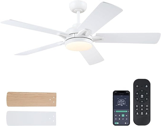 White Ceiling Fans with Lights - 52 Inch Low Profile Ceiling Fan with Remote/APP Control, 3CCT Dimmable LED Light, 6 Speeds Reversible, Modern Ceiling Fan Lights for Indoor/Outdoor Use