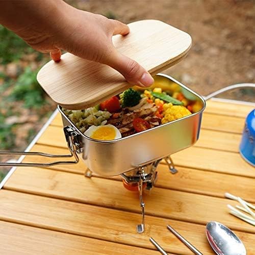 Stainless Steel Camping Cookware Pot with Bamboo Chopping Board, Camping Mess Tin with Foldable Handle and Lid, Applicable for Camping Hiking BackPacking (30oz)