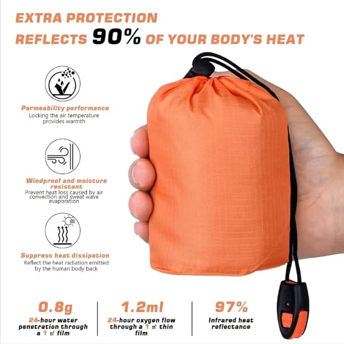 Emergency Sleeping Bag 2 Pack, Portable Waterproof Survival Sleeping Bag with Thermal Insulation for Outdoor Camping and Hiking