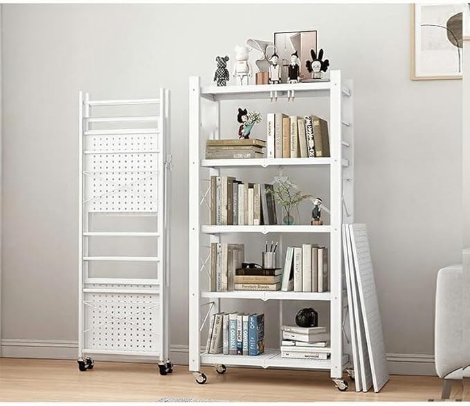 4-Tire Storage Rack, Height Adjustable, 32 * 13 * 61in Foldable Metal Garage Storage Shelves Organizer, Portable Metal Kitchen Shelving, Closet Shelving Unit Bakers Rack (White 5 Shelfs)