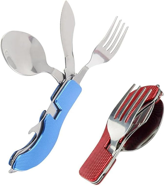 4-in-1 Portable Foldable Utensil Set Compact Knife Fork Spoon Bottle Opener Kit Stainless Steel Utensils for Camping Hiking Travel (Red + Blue)