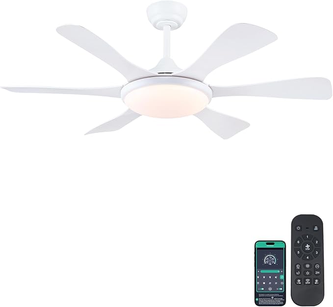 Ceiling Fans with Lights-47 Low Profile Ceiling Fan with Light and Remote/APP Control,Flush Mount,DC Reversible,LED Dimmable Ceiling Fans for Bedroom,Indoor/Outdoor Patio Use(White)