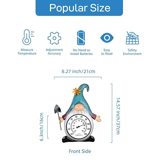 Indoor Outdoor Thermometer, Gnome Wall-Mounted Thermometer Waterproof for Patio Garden Yard & Living Room, No Battery Needed