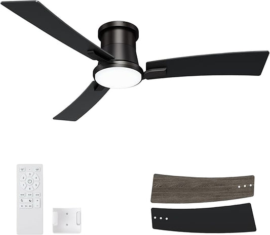 52 Inch Ceiling Fans Black Lights and Remote,White Low Profile Ceiling Fan with Light,Flush Mount,Reversible,6 Speeds,3CCT Dimmable,for Bedroom,Living Room,Indoor Patio