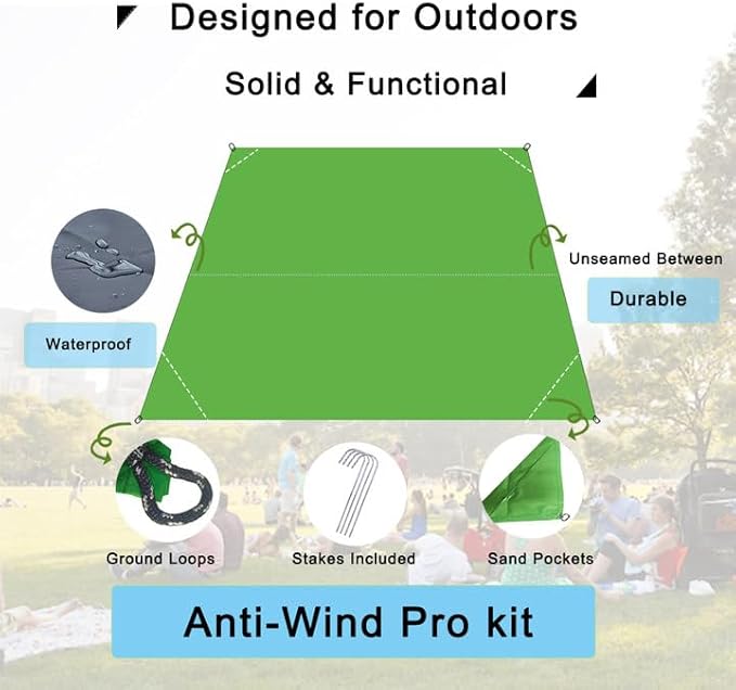 Outdoor Pocket Blanket, 55"x39" Waterproof Foldable Compact Small Pincic Blanket, Ultralight Tarp for Camping, Festival, Beach, Hiking, Backpacking, Travel and More, Stakes Included
