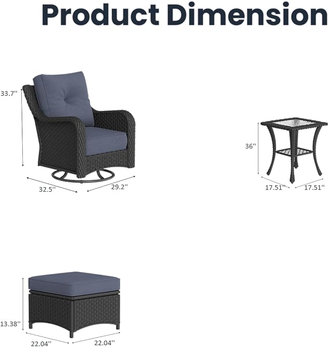 5 Pieces Outdoor Patio Furniture Sets with Rocking Swivel Chairs with 6-inch Thick Cushion and Side Table for Deck Lawn