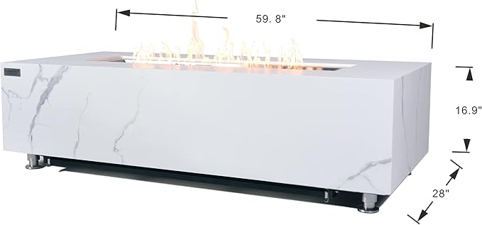 Elementi+ | Carrara Gas Fire Pit | Marble Porcelain & Metal Frame | 60" Rectangular Fire Table | Electronic Ignition | Canvas Cover, Fire Glass & Burner Lid Included | White | Propane Gas