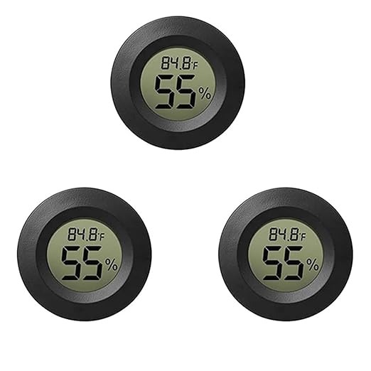 Digital Mini Thermometer Round Hygrometer 3-Pack LCD Display Indoor Outdoor Temperature Humidity Meter for Humidors Reptile Greenhouse Fridge Fahrenheit(℉)/ Celsius(℃)(Black)