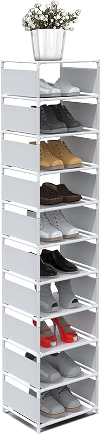 Narrow Shoe Rack, 10 Tier Vertical Shoe Rack for Closet Entryway, White Tall Slim Shoe Tower for Small Spaces, Shinky Shoe Organizer, Space Saving Corner Shoe Shelf