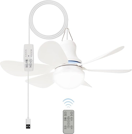 Portable USB Ceiling Fan with LED Light & Remote Control |4 Speeds,3 Light Modes,Timer |16.5 in Mini Size, 6 Detachable Blades|DC 5V Hanging Fan for Tent, RV, Camping,Patio & Home-Easy Install
