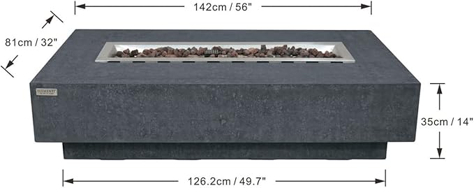 Elementi | Hampton Gas Fire Pit Cast Concrete 56" Rectangular Fire Table, Outdoor Fire Pit Electronic Ignition | Canvas Cover, Lava Rock Included | Dark Gray (Natural Gas)