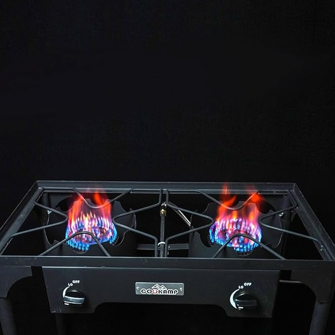 High Pressure Double Propane Burner With Windscreen Outdoor Camping Stove with 0-20 PSI Adjustable Regulator and Steel Braided Hose SA2510 (Two Burner Stove With Windscreen)