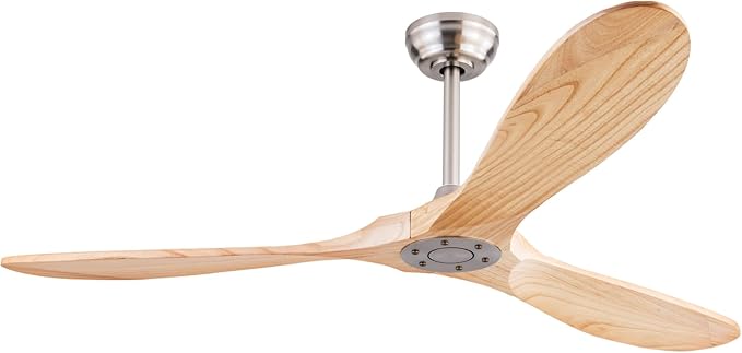 60" Wood Ceiling Fan No Lights with Remote Control,Wooden 3 Blades Ceiling Fans Without Light for Patio,Garage,Living Room,Bedroom,Office,Indoor/Outdoor(Nickel+Raw wood)